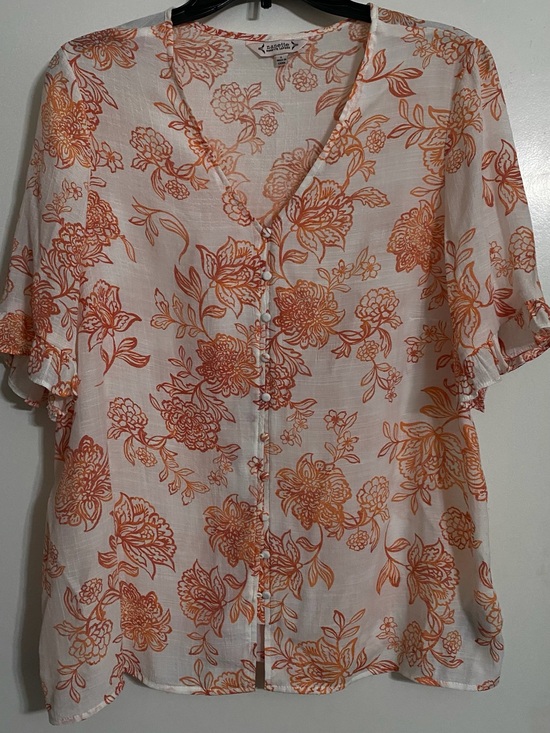 Nanette Lepore Tops - Nanette Lepore White Sheer Blouse with Orange Floral Print
